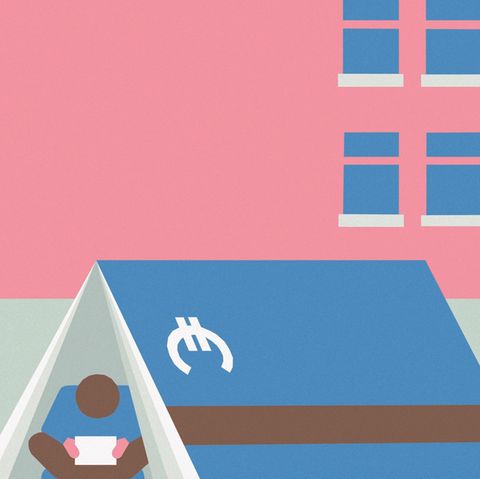 Illustration: Ein Mensch kampiert in einem Zelt in Sparbuch-Optik