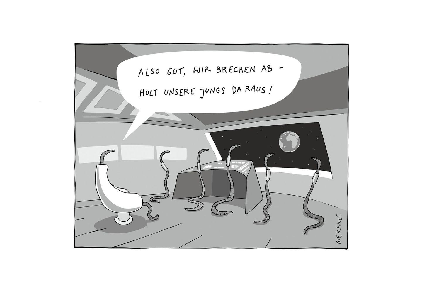 Regenwürmer in einem Raumschiff schauen auf die Erde. "Also gut, wir brechen ab, holt unsere Jungs da raus!", sagt der Kapitän.