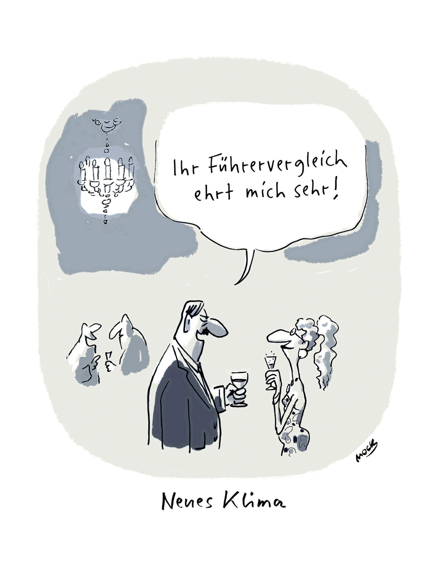 Ein Mann mit Oberlippenbart sagt zu einer Dame mit Sektglas: "Ihr Führervergleich ehrt mich sehr!"