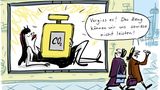 Frauen laufen an Plakat mit Frau und CO2-Parfum vorbei. Passantin: "Vergiss es! Das Zeug können wir uns sowieso nicht leisten!"