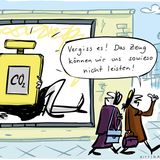 Frauen laufen an Plakat mit Frau und CO2-Parfum vorbei. Passantin: "Vergiss es! Das Zeug können wir uns sowieso nicht leisten!"