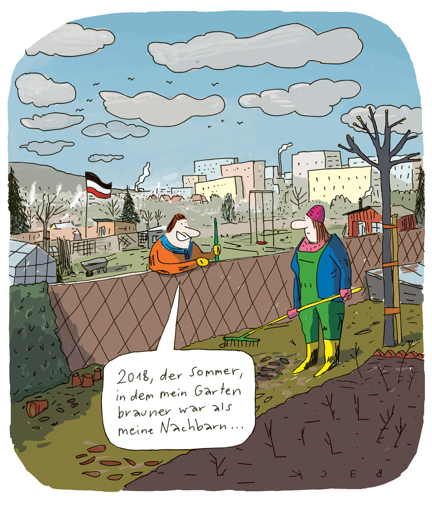 Mann sagt: "2018, der Sommer, in dem mein Garten brauner war als meine Nachbarn". Dahinter weht die Reichskriegsflagge