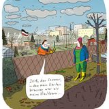 Mann sagt: "2018, der Sommer, in dem mein Garten brauner war als meine Nachbarn". Dahinter weht die Reichskriegsflagge