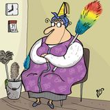 Erika sitzt mit Partyhut und Staubwedel an Silvester zuhause. Sie ist zuversichtlich, dass es eine Lösung des Feinstaubproblems