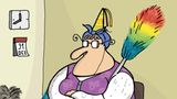 Erika sitzt mit Partyhut und Staubwedel an Silvester zuhause. Sie ist zuversichtlich, dass es eine Lösung des Feinstaubproblems