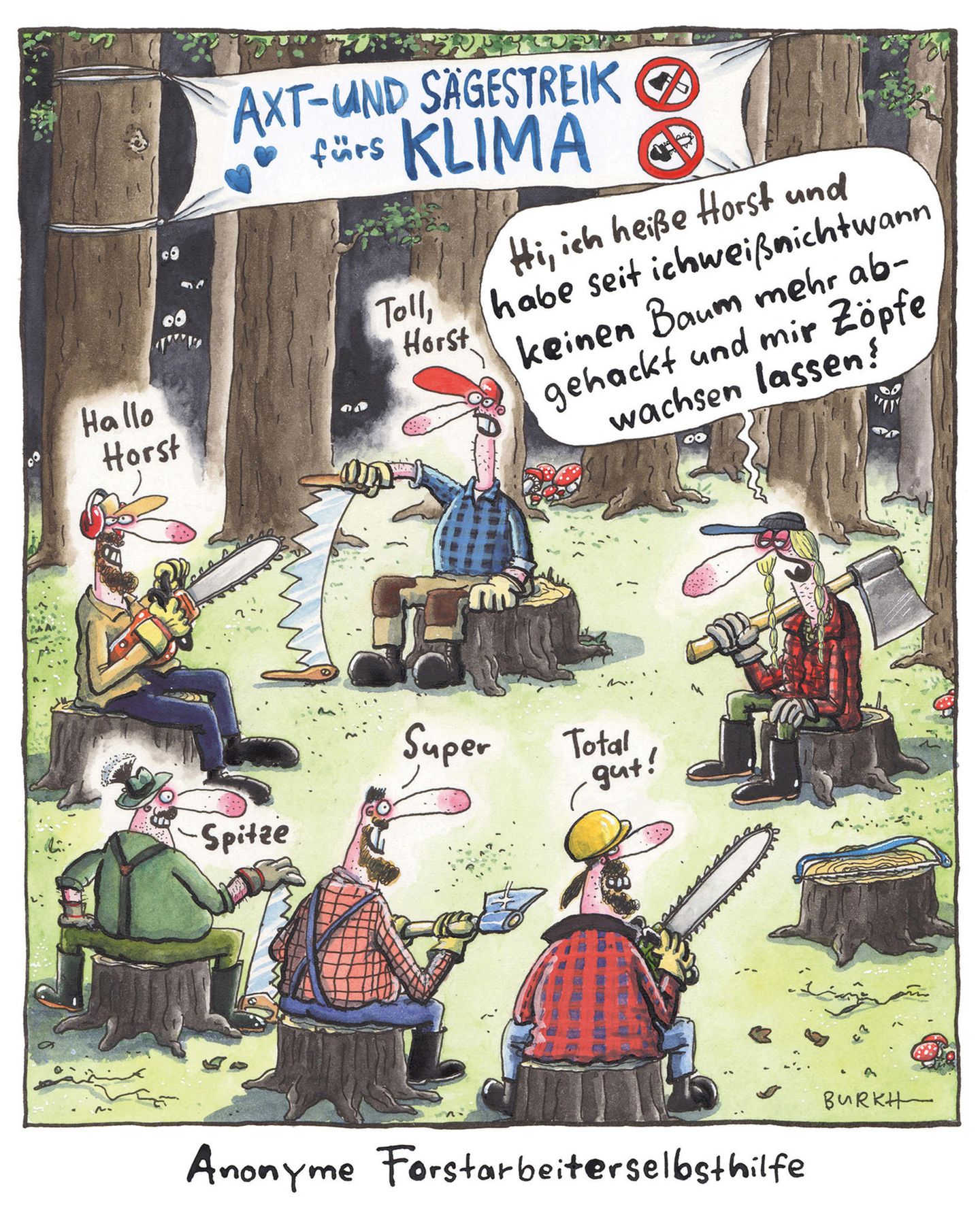 Axt- und Sägestreik fürs Klima in einem Wald. Ehemaliger Holzfäller Horst spricht mit der anonymen Forstarbeiterselbsthilfe