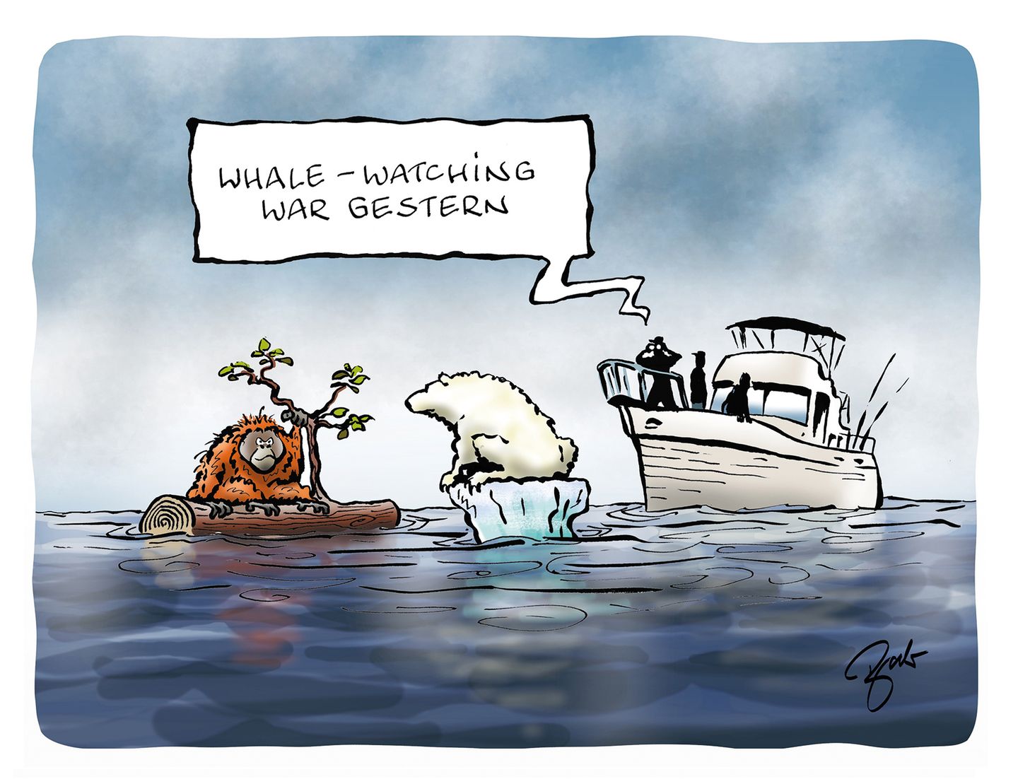 Orang-Utan auf einem Holzstamm, Eisbär auf einer Scholle im Meer. Mann auf einem Boot: "Whale-Watching war gestern".