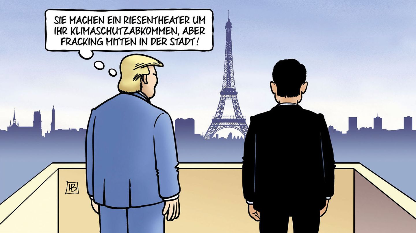 Trump vor dem Eifelturm stehend: "Sie machen ein Riesentheater um ihr Klimaschutzabkommen, aber dann Fracking in der Stadt!"