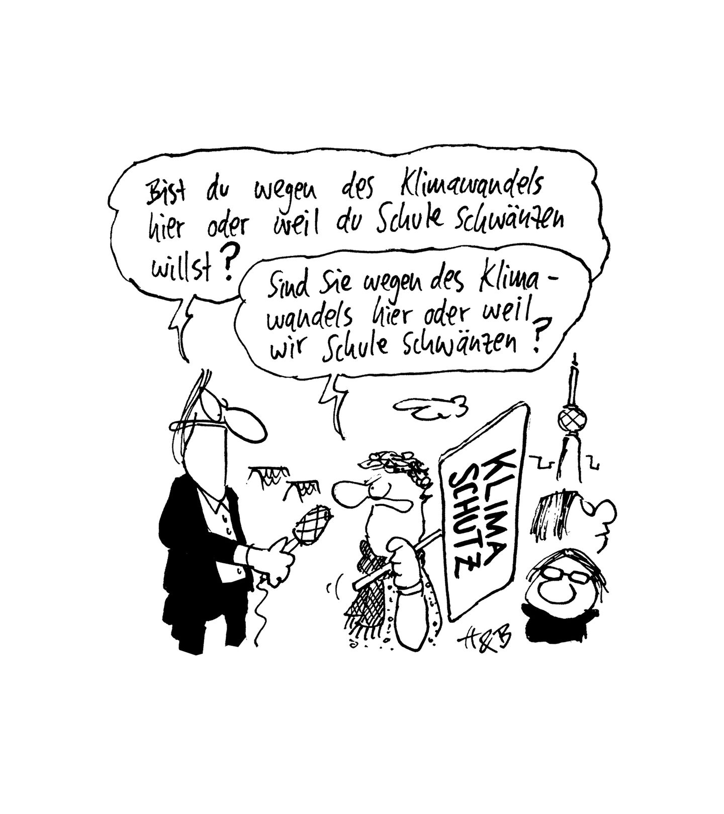 Reporter redet fragt jungen Demonstranten, ob er wegen Klimawandels oder zum Schule schwänzen da sei. Schüler fragt das Gleiche