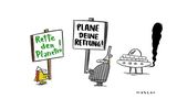 Ein Kind hält ein Schild mit Aufschrift "Rette den Planeten!", ein Mann mit "Plane deine Rettung!". Daneben steht ein Ufo.