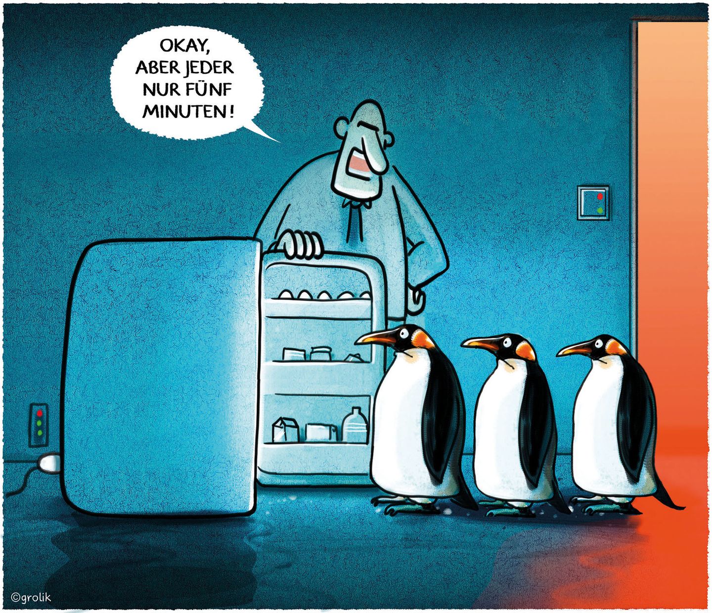 Drei Pinguine stehen vor einem Kühlschrank, den ein Mann offenhält. Er sagt: "Okay, aber jeder nur fünf Minuten!"