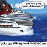 Ein Kreuzfahrtschiff mit schwarzem Rauch aus den Schornsteinen. Ein Passagier sagt: "Für mich bitte ohne Strohhalm!"