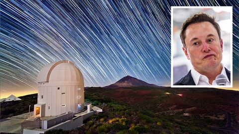 Ein Weltraumteleskop vor dem Sternenhimmel. Im kleinen Bild: Elon Musk