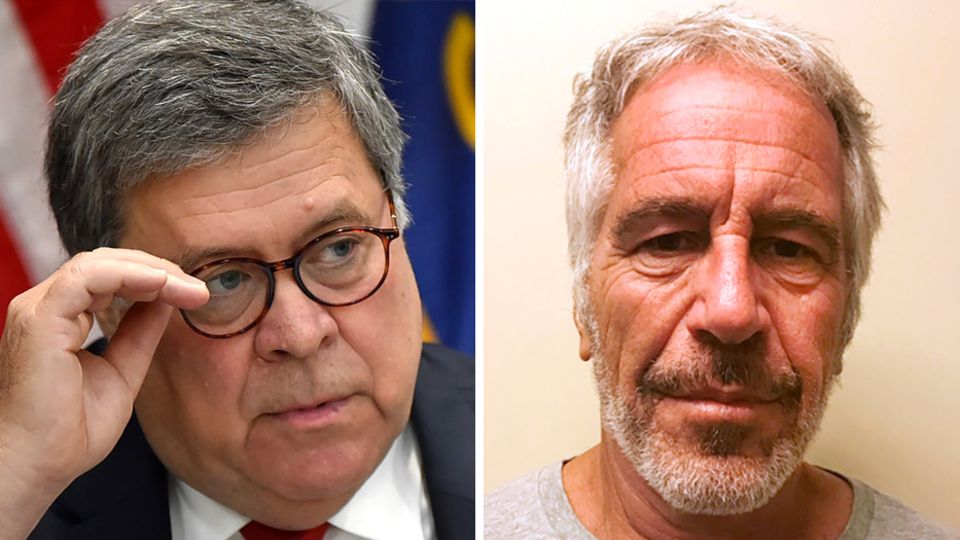 US-Justizminister William Barr (l.) und der verstorbene Sexualstraftäter Jeffrey Epstein