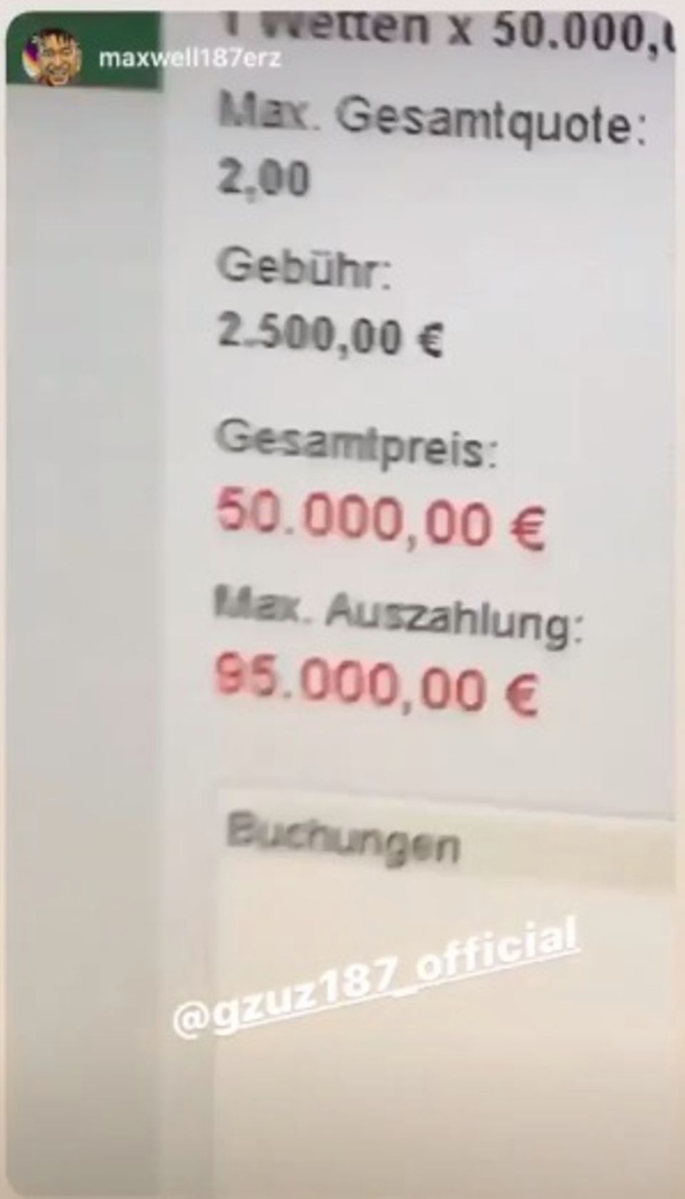 Die Wette auf einem Bildschirm. Maximale Auszahlung: 95.000 Euro