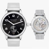 Kategorie bis 5000 Euro  Gewinner: Club Sport Neomatik 42 Datum von Nomos  Was diese Uhr besonders auszeichnet: Die verschraubte Krone und das aus 145 Teilen bestehende neue Metallarmband machen deutlich – diese Uhr ist bereit für den Sprung ins kalte (oder warme) Wasser. Indexe und Zeiger mit SuperLuminova-Beschichtung erleichtern die Orientierung im Dunklen.  Basisdaten (Auszug): Edelstahl (Gehäuse), schwarzes Zifferblatt und Metallarmband, 42mm Durchmesser, wasserdicht bis 300m, 42 Stunden Gangreserve.  Preis: circa 3220 Euro