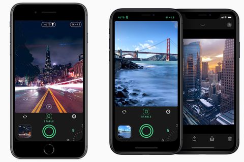 iPhone-App "Spectre Kamera" auf 3 iPhone-Screens