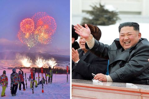 Collage: Feuerwerk und Kim Jong Un