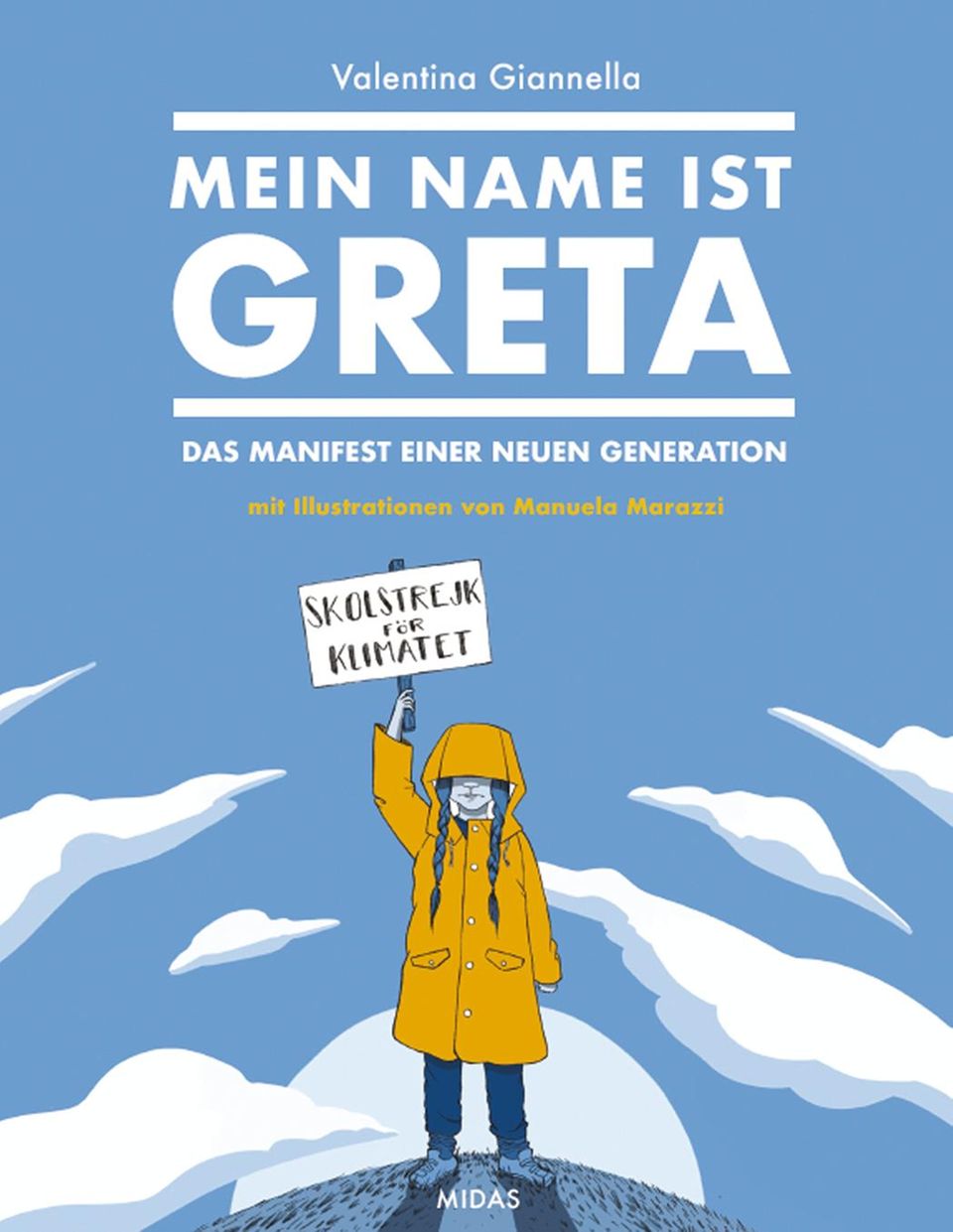 Ein Mädchen in gelbem Regenmantel hält ein Schulstreik-Plakat in die Höhe
