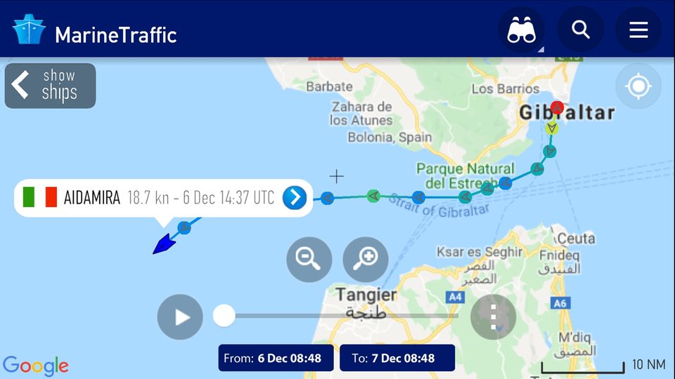 Kurs der Aida Mira