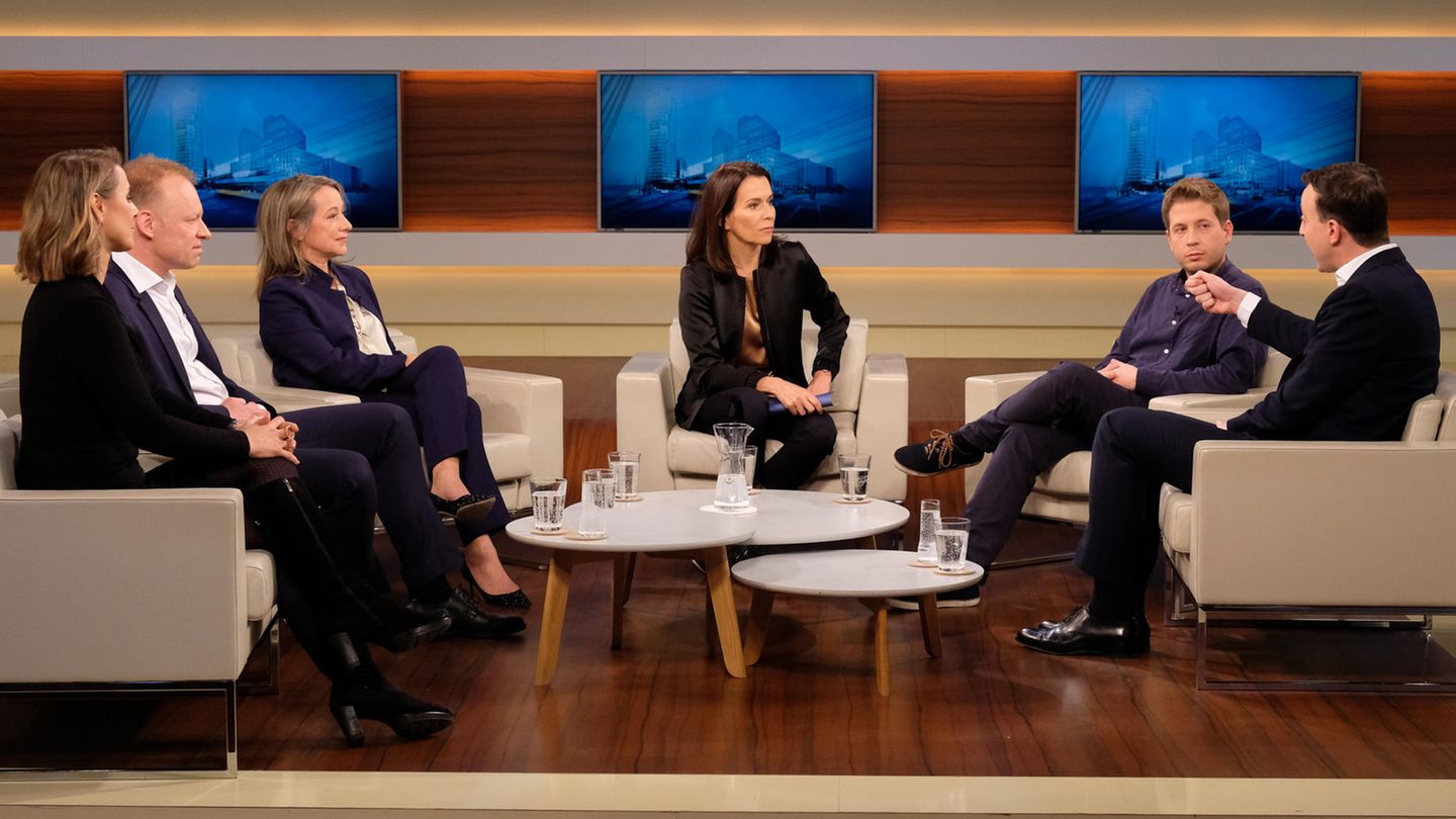 Diskutierten bei "Anne Will" zur Zukunft der SPD: Jagoda Marinic, Clemens Fuest, Cerstin Gammelin, Anne Will, Kevin Kühnert, Paul Ziemiak (von links nach rechts)