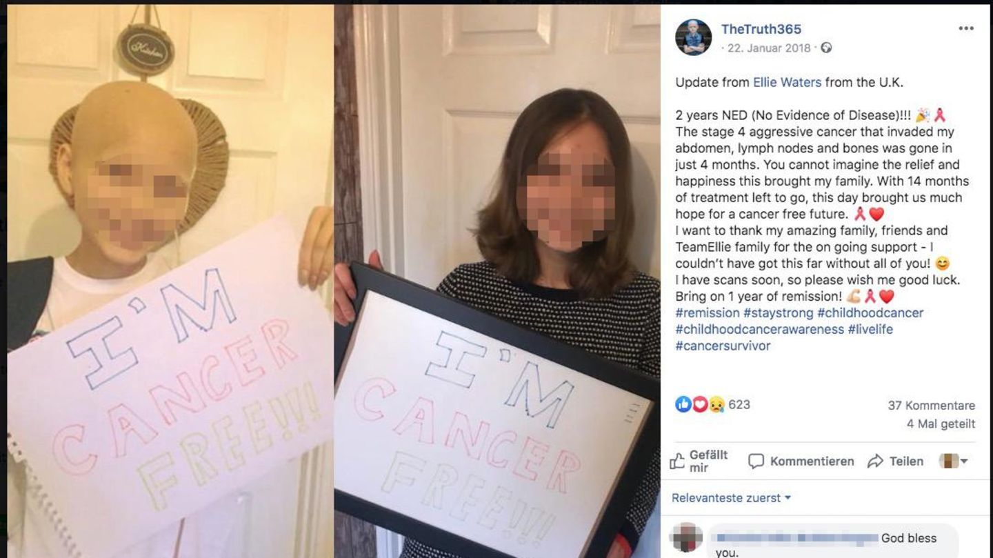 Ellie während der Chemotherapie und nach der Therapie mit einem Schild: "Ich bin krebsfrei"