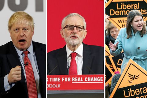 Großbritanniens Premierminister Boris Johnson, Labour-Chef Jeremy Corbyn und Jo Swinson, Vorsitzende der Liberaldemokraten