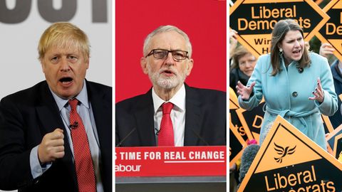 Großbritanniens Premierminister Boris Johnson, Labour-Chef Jeremy Corbyn und Jo Swinson, Vorsitzende der Liberaldemokraten