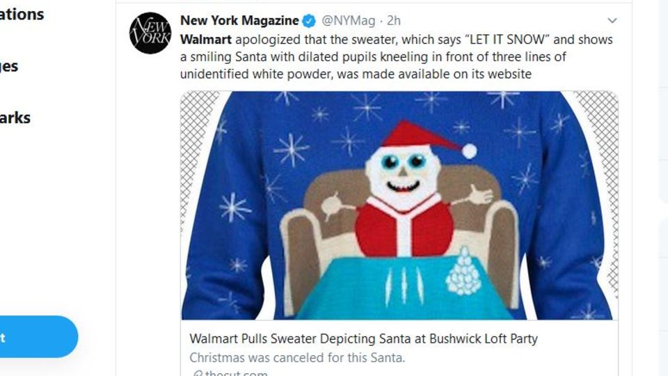 Ein Tweet des New York Magazine mit einen Foto des Weihnachtspullis