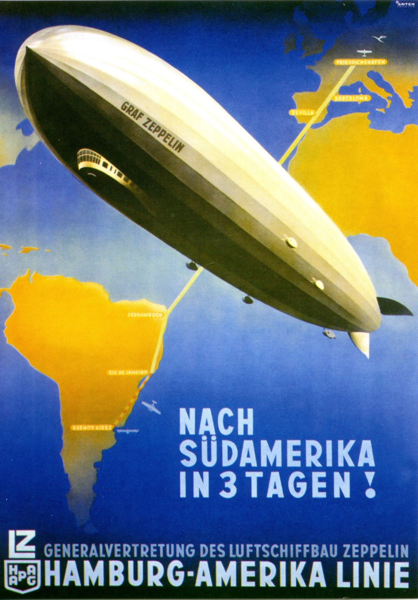 Werbung für die Fahrten nach Südamerika von Friedrichshafen: Das Plakat aus den späten 1920er Jahren zeigt die Route mit Zwischenlandungen in Barcelona und Sevilla.