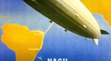 Werbung für die Fahrten nach Südamerika von Friedrichshafen: Das Plakat aus den späten 1920er Jahren zeigt die Route mit Zwischenlandungen in Barcelona und Sevilla.