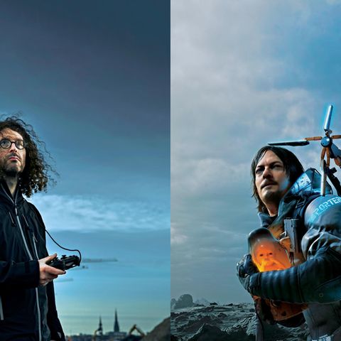 Links: Stephan Maus mit einem Controller in der Hand. Rechts: Der Protagonist Sam Porter Bridges