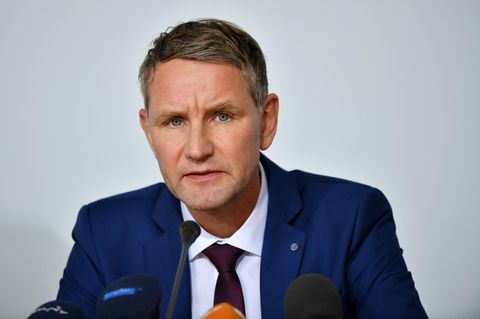 In dunkelblauem Jackett sowie in Hemd und Krawatte spricht AfD-Politiker Björn Höcke in mehrere Mikrofone