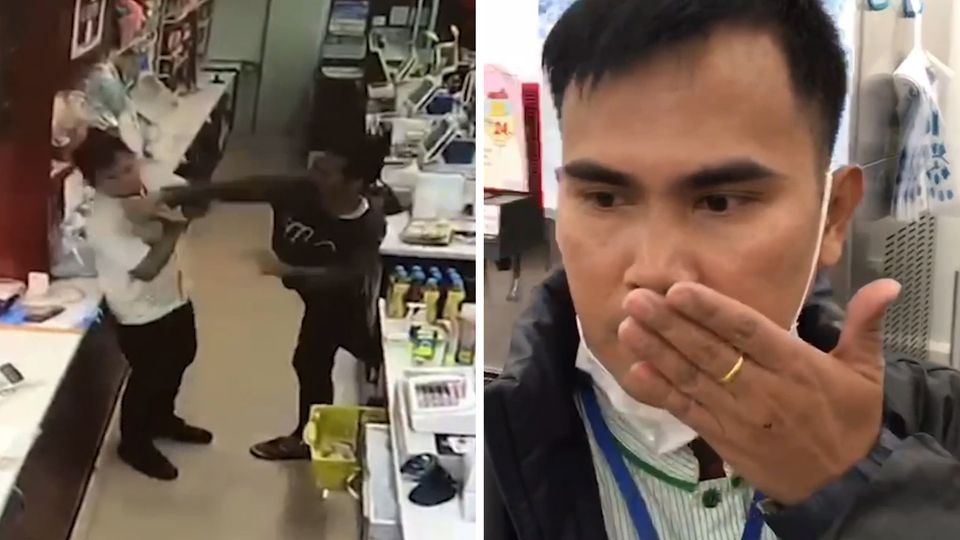 Fürsorglicher Räuber? Nach einem Schlag ins Gesicht umsorgt ein Supermarkt-Dieb den Kassierer. Fürsorglicher Räuber? Nach einem Schlag ins Gesicht umsorgt ein Supermarkt-Dieb den Kassierer.