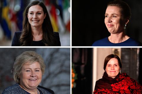 Von links oben nach rechts unten: Sanna Marin, Mette Frederiksen, Erna Solberg, Katrín Jakobsdóttir