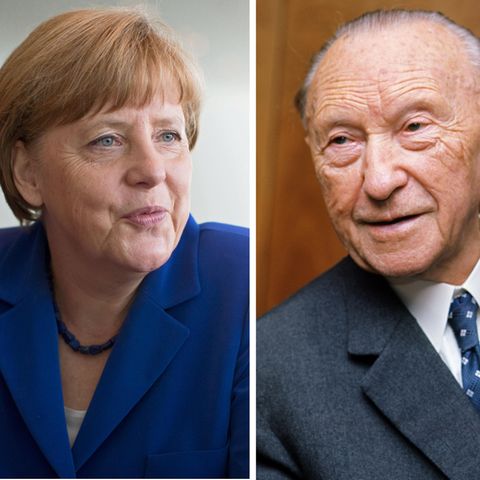 Bundeskanzlerin Angela Merkel und Konrad Adenauer, der erste Kanzler der Bundesrepublik