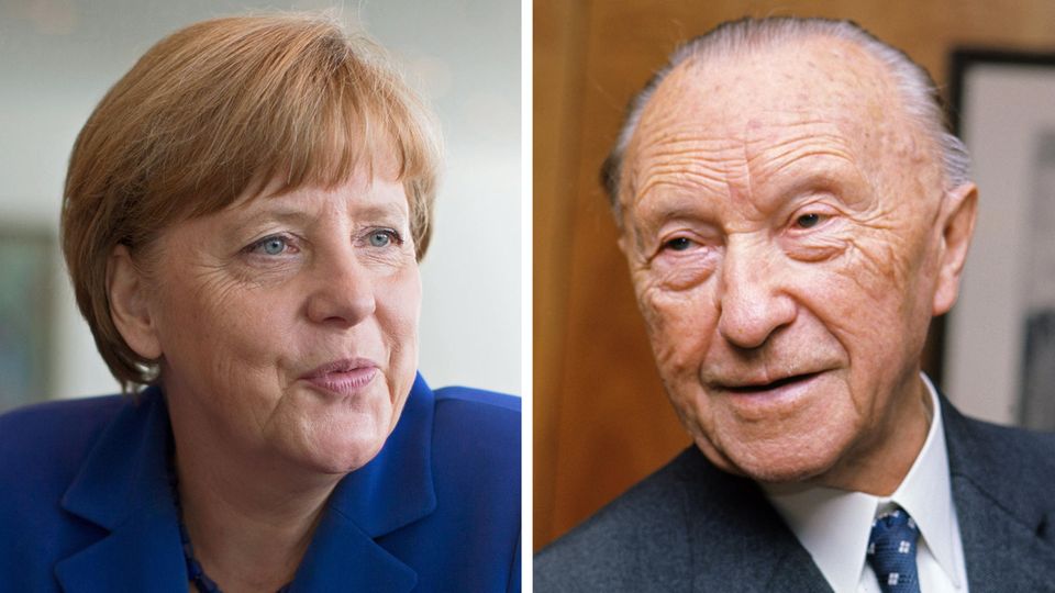 Bundeskanzlerin Angela Merkel und Konrad Adenauer, der erste Kanzler der Bundesrepublik