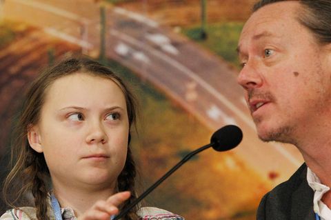 Klimaaktivistin Greta Thunberg (l.) und Vater Svante Thunberg bei einer Pressekonferenz beim Weltklimagipfel 2018