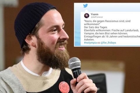 Philip Siefer mit Mikrofon und Twitter-Kommentar
