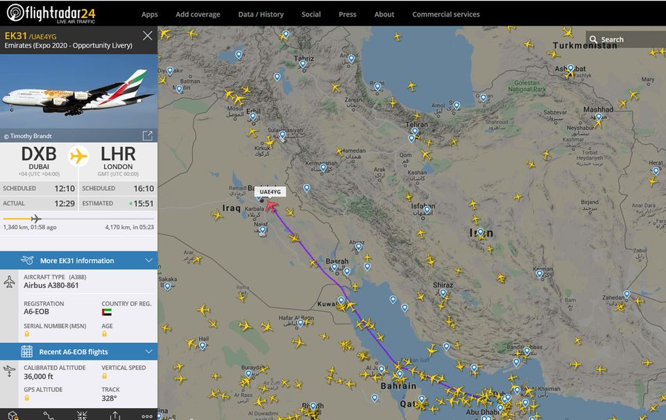 Mit Ausnahme weniger Flüge von Emirates fliegen am späten Mittwochvormittag nur noch vereinzelte Jets über das Gebiet vom Iran und Irak.