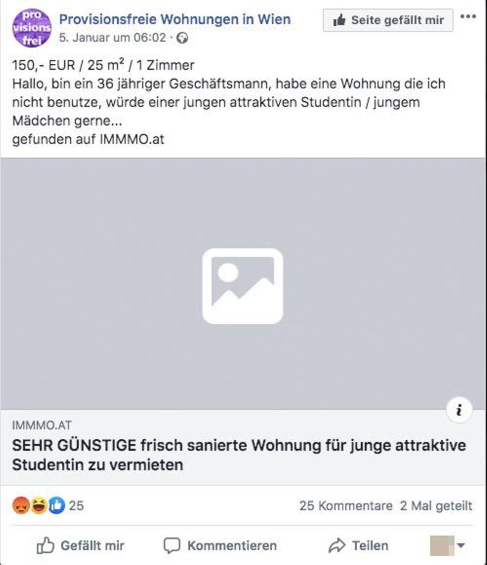 Günstige Wohnung an attraktive Studentin Die Wohnungsanzeige auf der Facebook-Seite "Provisionsfreie Wohnungen in Wien"
