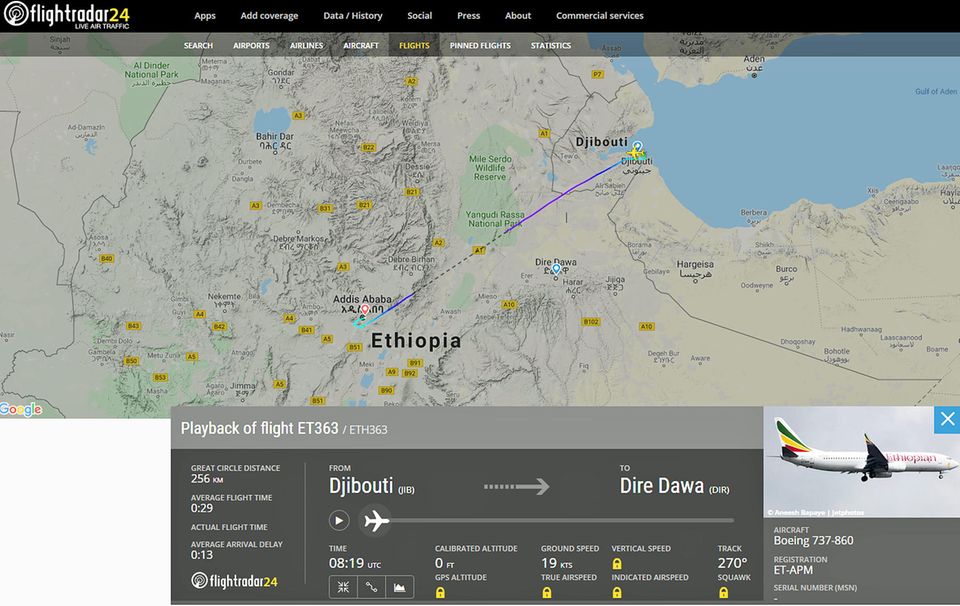 Die Route des Fluges von Ethiopian Airlines 363: Von Dschibuti, Somalia nach Addis Abeba in Äthopien. Doch am 8. Januar musste der Zwischenstopp in Dire Dawa in Ostäthiopien entfallen. 