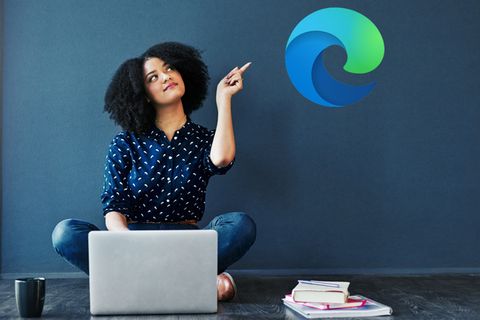 Frau am Laptop, Microsoft Logo