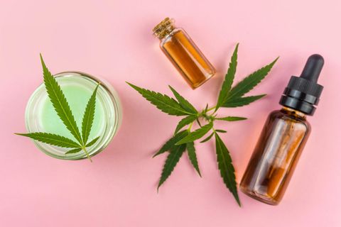 CBD: Eine Hanfpflanze und ein Fläschchen mit Öl liegen auf einem Tiscj
