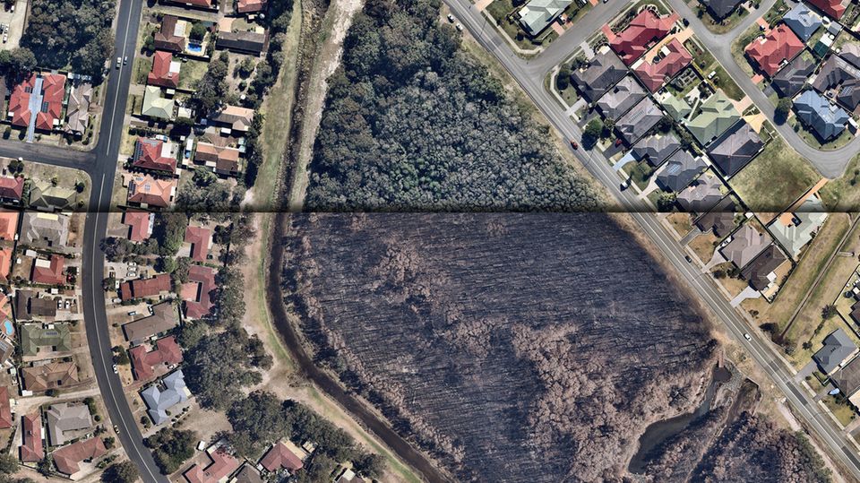 Vorher-Nachher-Bilder: Australien, ein verbranntes Land: Luftbilder zeigen die Zerstörungen durch die Buschfeuer Vorher-Nachher-Bilder: Australien, ein verbranntes Land: Luftbilder zeigen die Zerstörungen durch die Buschfeuer