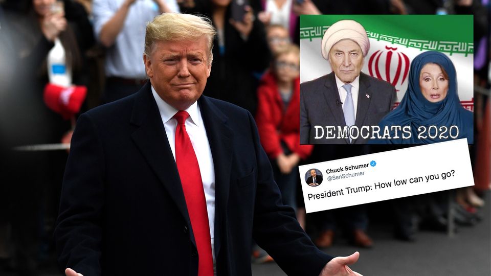 Donald Trump retweetet ein Bild von Nancy Pelosi und Chuck Schumer in traditioneller muslimischer Kleidung. Donald Trump retweetet ein Bild von Nancy Pelosi und Chuck Schumer in traditioneller muslimischer Kleidung.