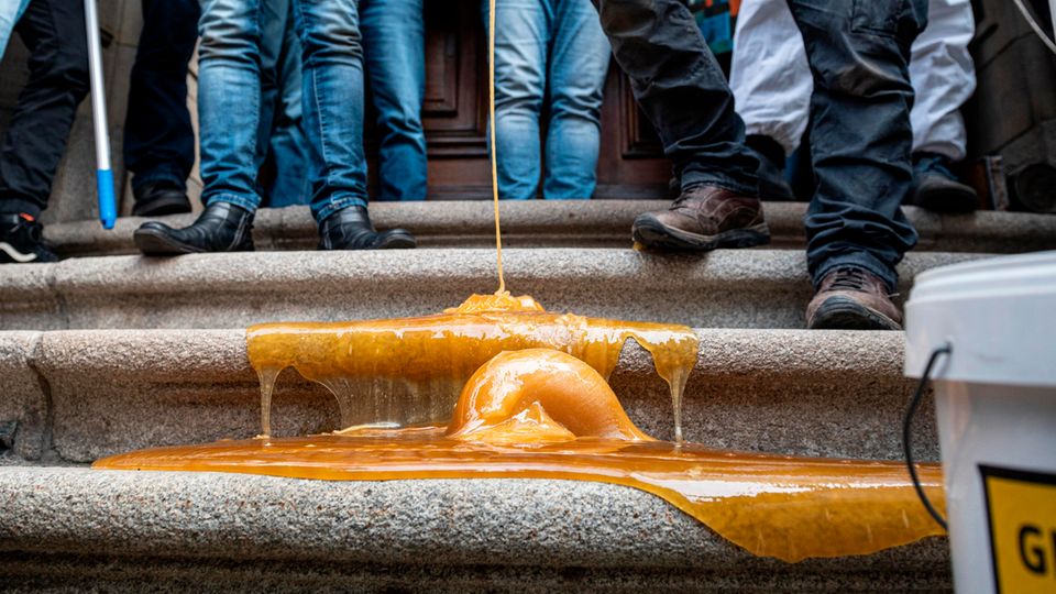 Nachrichten Deutschland Berlin (1) Imker Sebastian Seusing schüttet vor dem Landwirtschaftsministerium Glyphosat-belasteten Honig auf die Treppe.