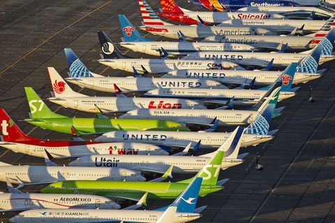 Auf dem Airport Moses Lake in US-Bundesstaat Washington eingeparkte Jets vom Typ Boeing 737 Max