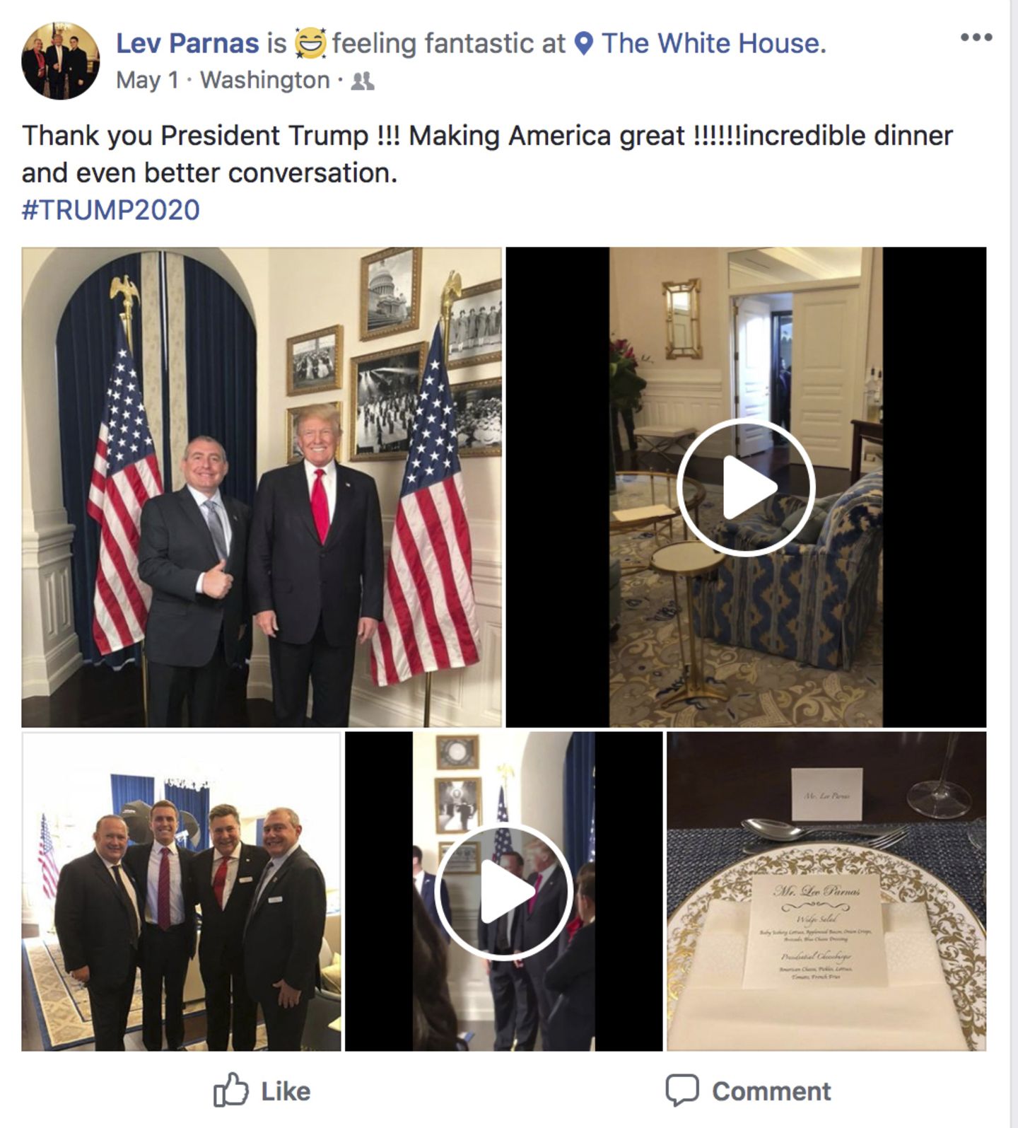 Dieser Facebook-Screenshot zeigt Präsident Donald Trump zusammen mit Lev Parnas (Foto oben links), im Weißen Haus in Washington, gepostet am 1. Mai 2018, kommentiert mit den Worten: "Danke Präsident Trump!!! Amerika groß machen!!!!!! Unglaubliches Abendessen und sogar noch bessere Konversation."