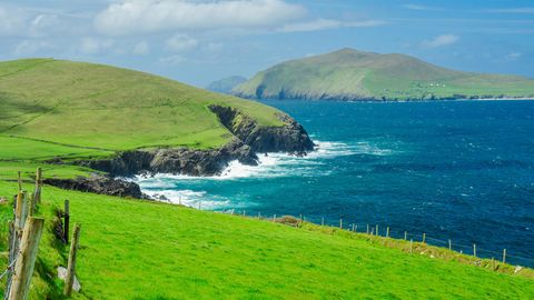 Irische Küste mit rauem, blauen Wasser und grünen Wiesen
